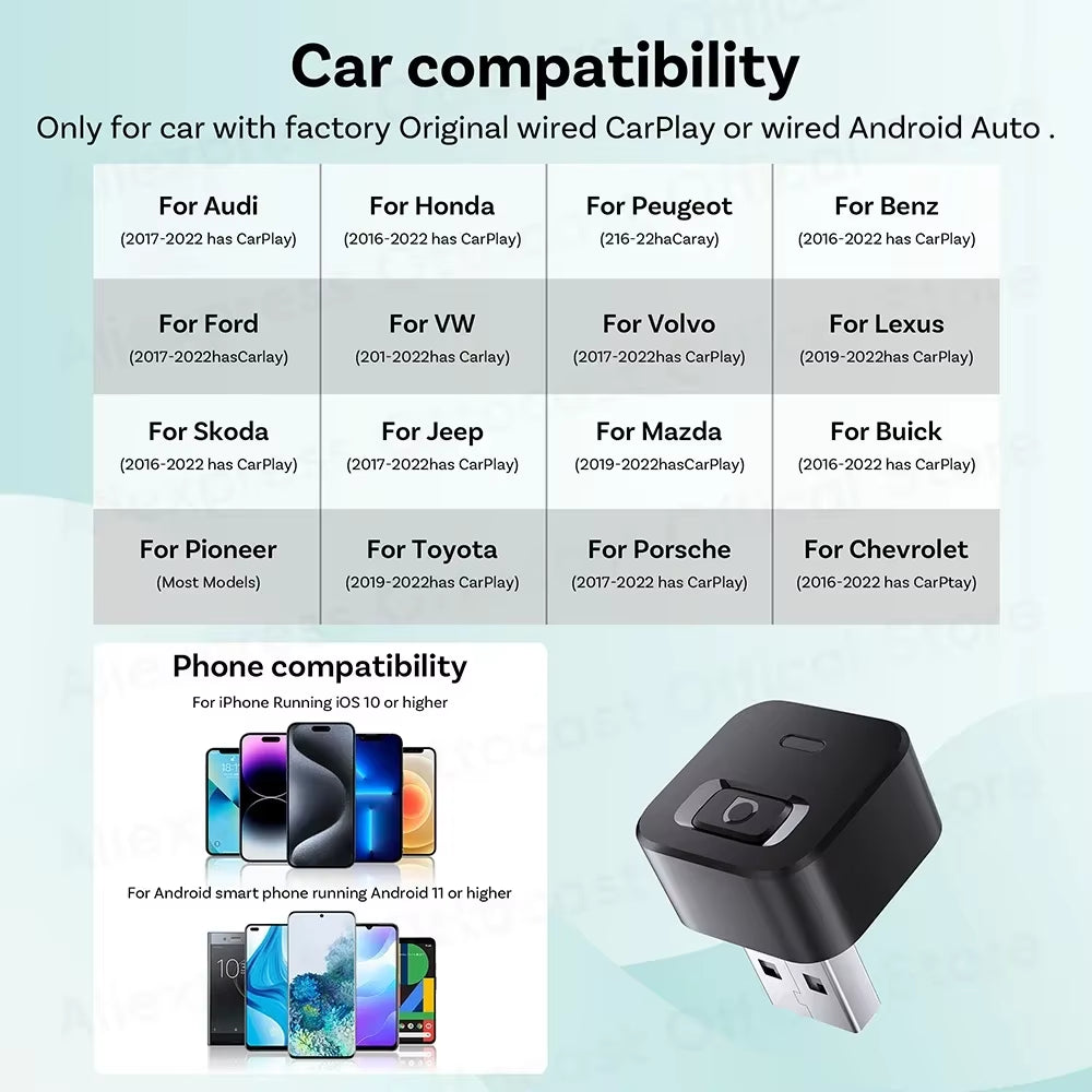 Wireless Carplay Android Auto Adapter 2 in 1 USB AI Car Accessory