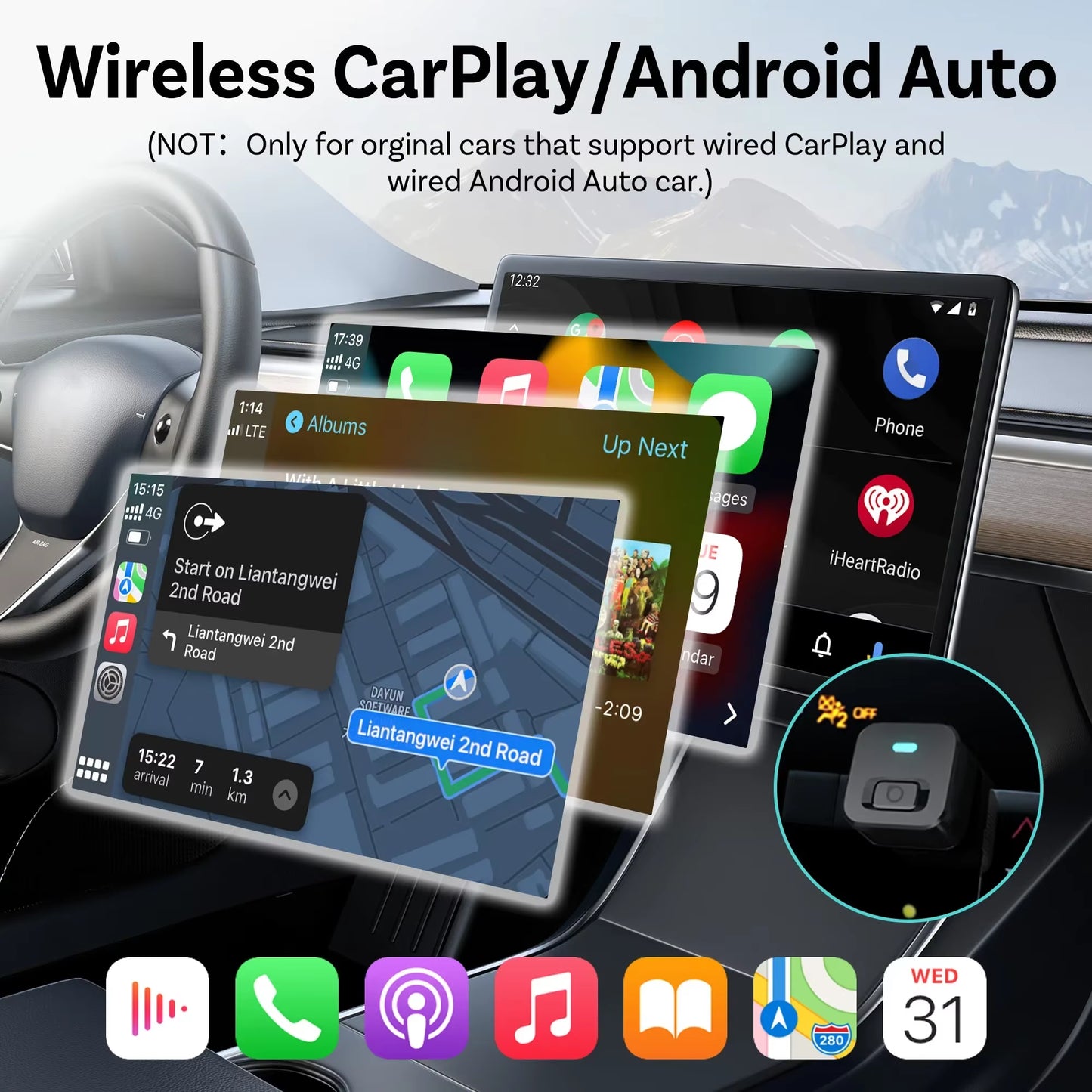 Wireless Carplay Android Auto Adapter 2 in 1 USB AI Car Accessory