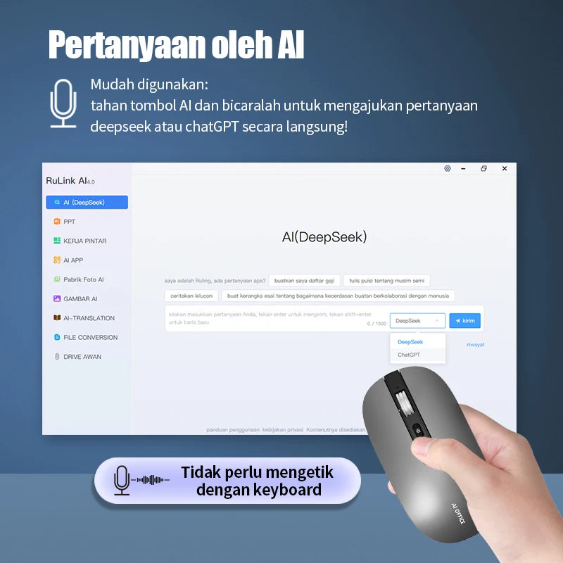 AI Mouse Rechargeable Wireless Mouse USB 2.4G/Bluetooth 1600 DPI with AI PPT AI Deepseek Chat-Gpt Feature for Windows Laptop
