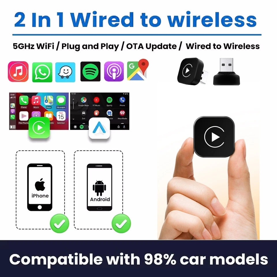 2In1 Wireless Carplay Dongle Wireless Android Auto Adapter AI Smart Box Car Intelligent Systems for Car with Wired Carplay