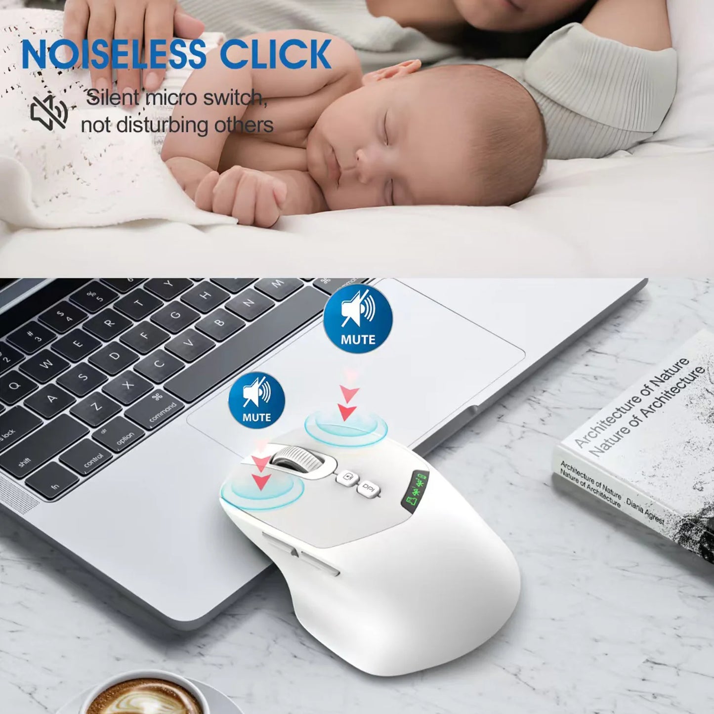 2026 Noiseless Dual Mode Wireless Mouse Bluetooth 2.4G Silent Click DPI Adjustable Battery Display Ergonomic Design for Office